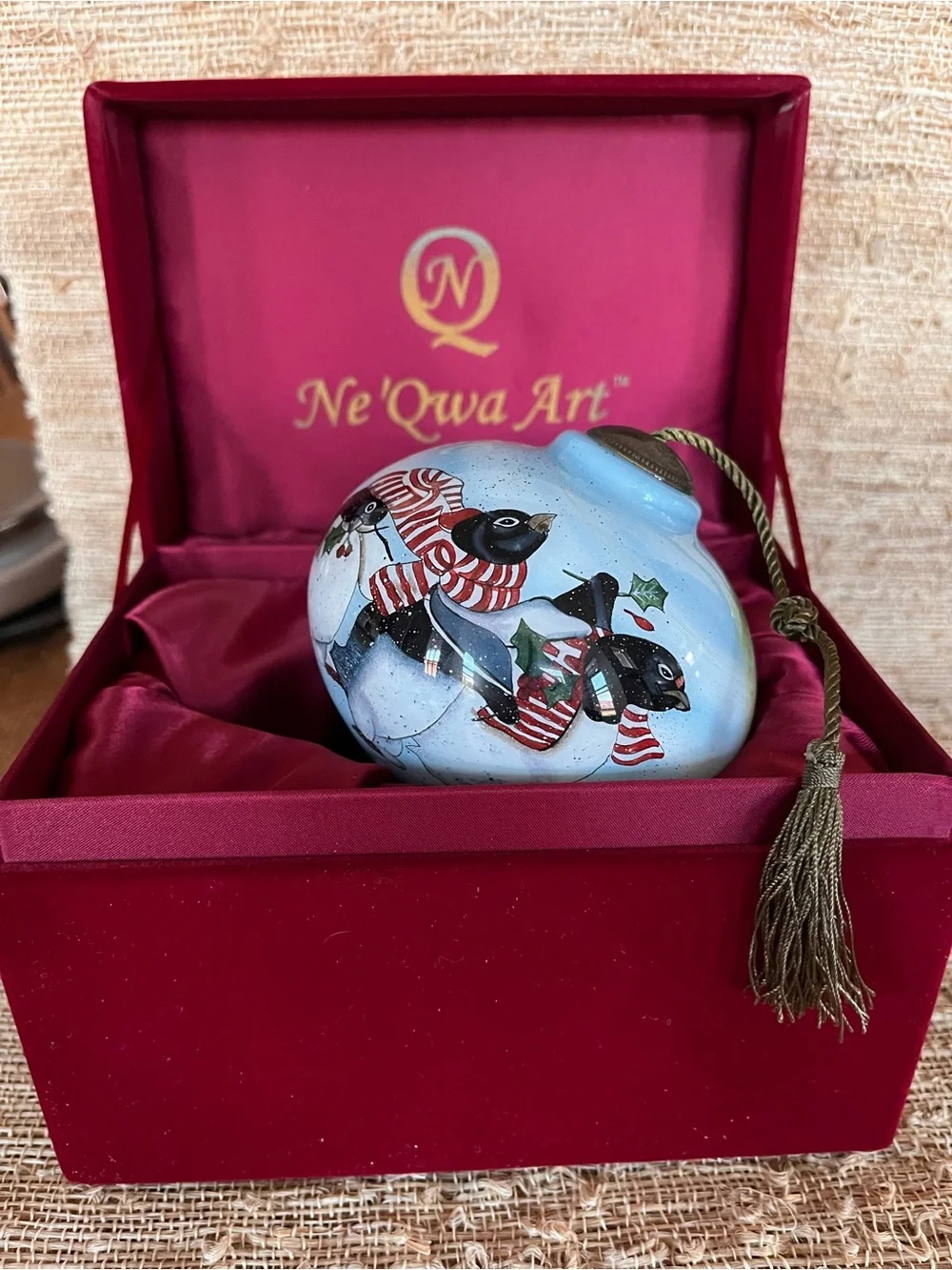 Ne'Qwa Art Blue Hand-Painted Glass Penguin Holiday Ornament